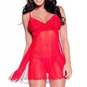 Escante Red MED Sexy Sheer Red Lace Baby Doll Lingerie Set Coquette‎ Valentine